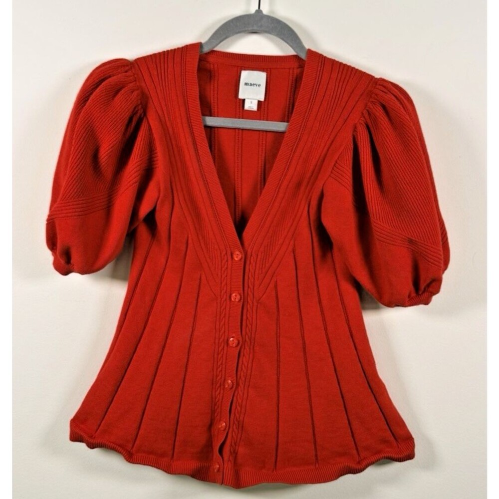 Maeve Red Rib-Knit Button Front V-Neck Puff Short Sleeve Cardigan - S